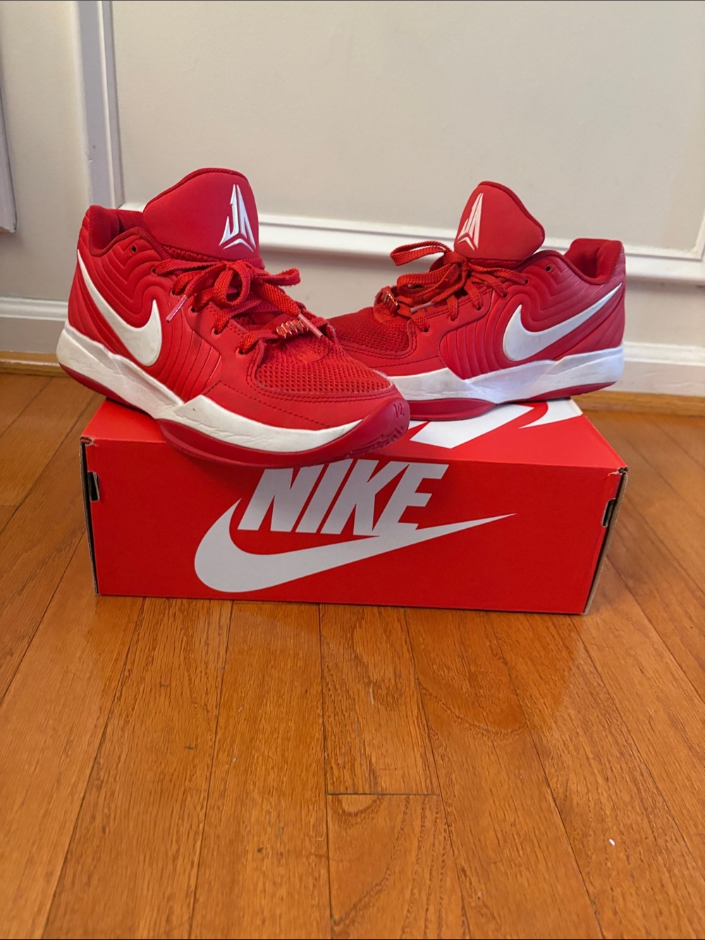 Nike JA Morgant Kids Red Basketball Sneakers with White Swoosh